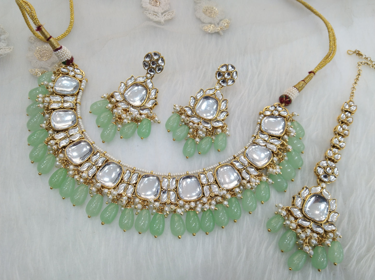 Indian Jewellery/ Gold Semi Bridal Kundan necklace Set Indian pastel green jones set