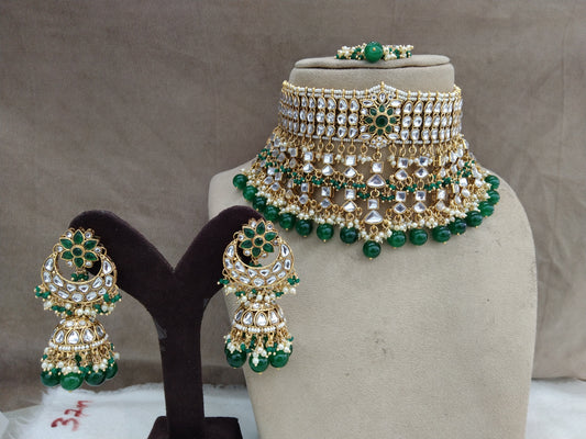 kundan Choker Set Earrings Set/Gold green choker set Indian Jewellery Necklace kura Set