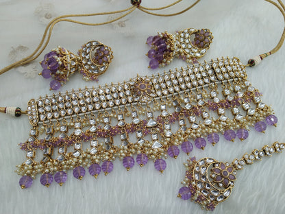 kundan Choker Set Earrings Set/Gold Lavender choker set Indian Jewellery Necklace kura Set