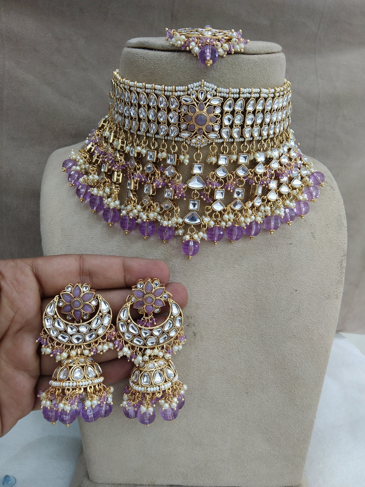 kundan Choker Set Earrings Set/Gold Lavender choker set Indian Jewellery Necklace kura Set