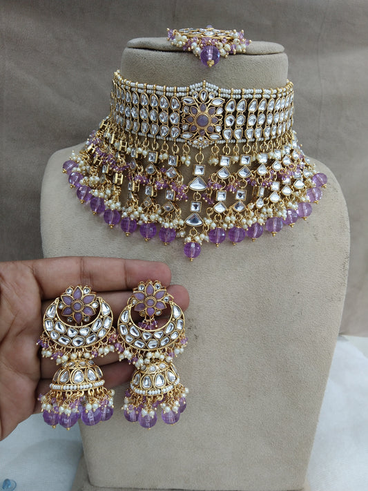 kundan Choker Set Earrings Set/Gold Lavender choker set Indian Jewellery Necklace kura Set