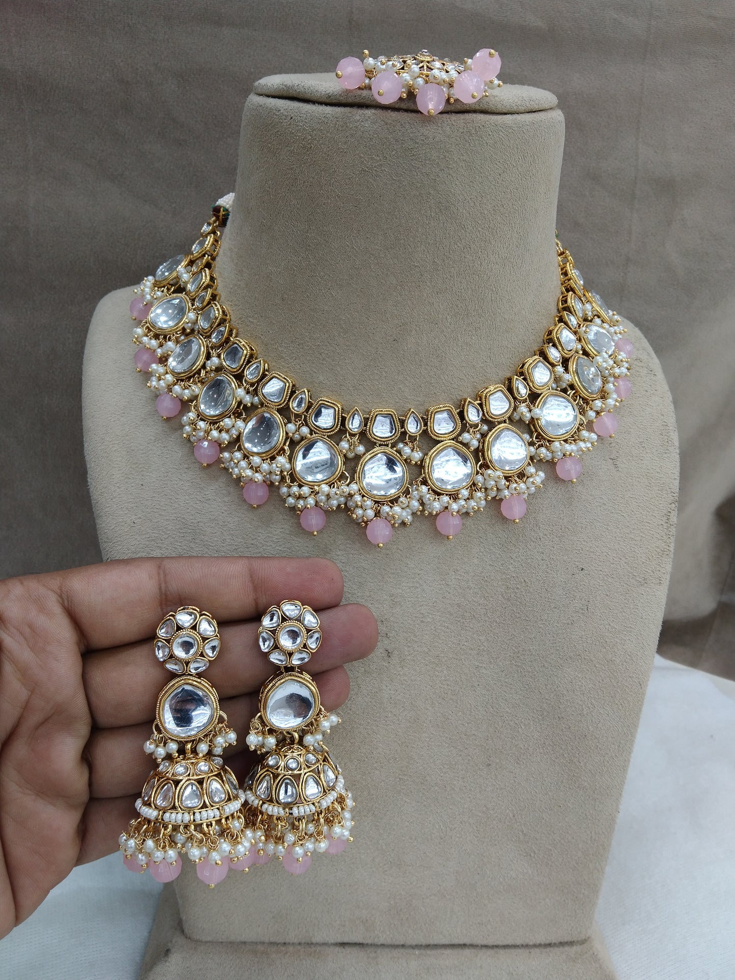 Indian Jewellery/ Gold pink Semi Bridal Kundan necklace Set Indian livingston set