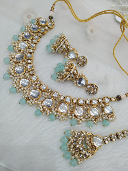 Indian Jewellery/ Gold sea green Semi Bridal Kundan necklace Set Indian livingston set