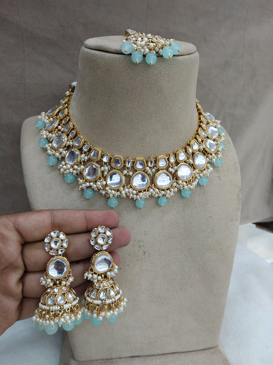 Indian Jewellery/ Gold sea green Semi Bridal Kundan necklace Set Indian livingston set