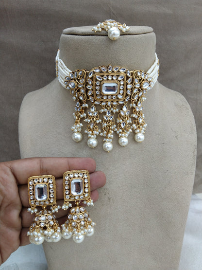 Indian Jewellery Gold White Kundan Choker Meadow Set