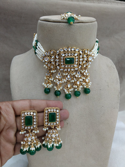 Green Choker Indian Jewellery Bridal Wedding Kundan Meadow Necklace set