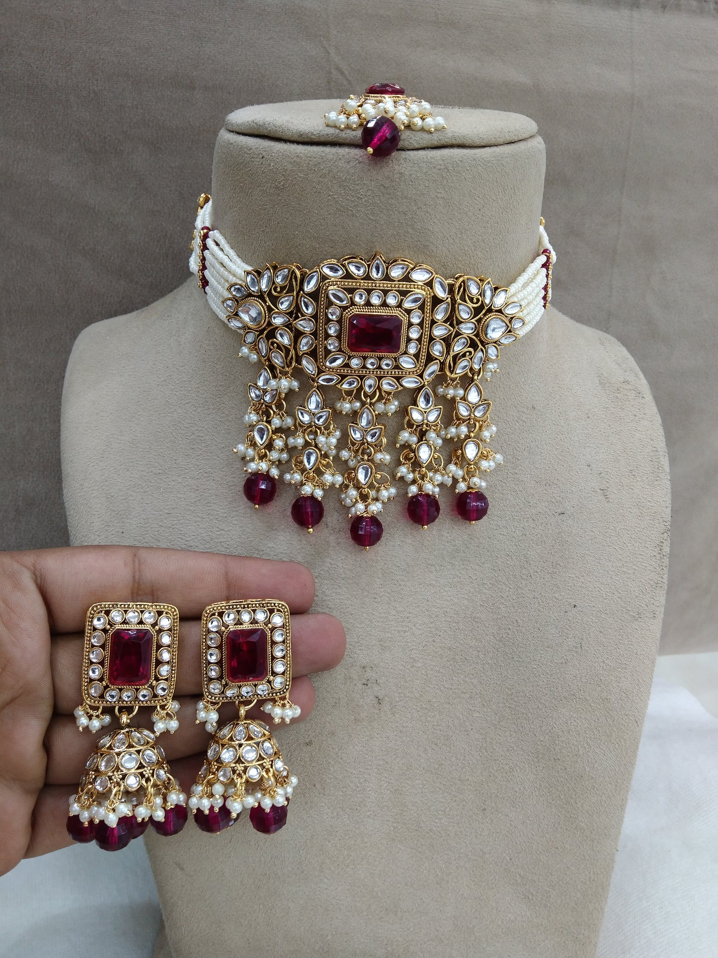 Indian  Jewellery gold purple Kundan choker meadow set