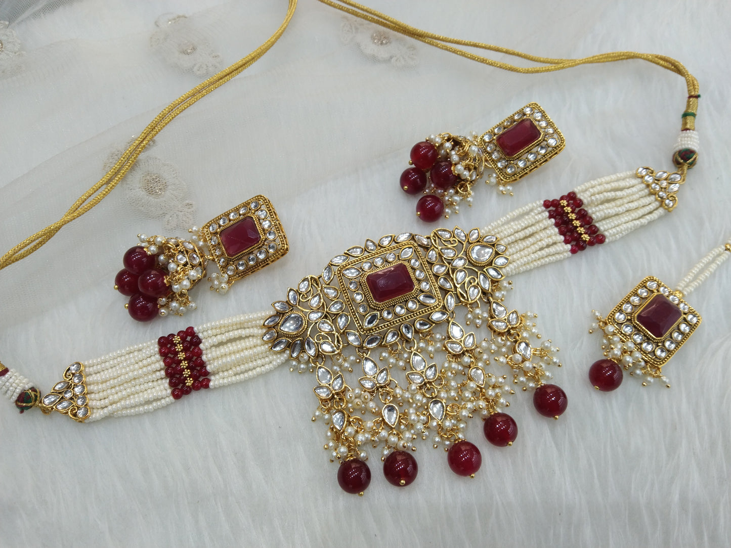 Indian Jewellery gold maroon Kundan choker meadow set