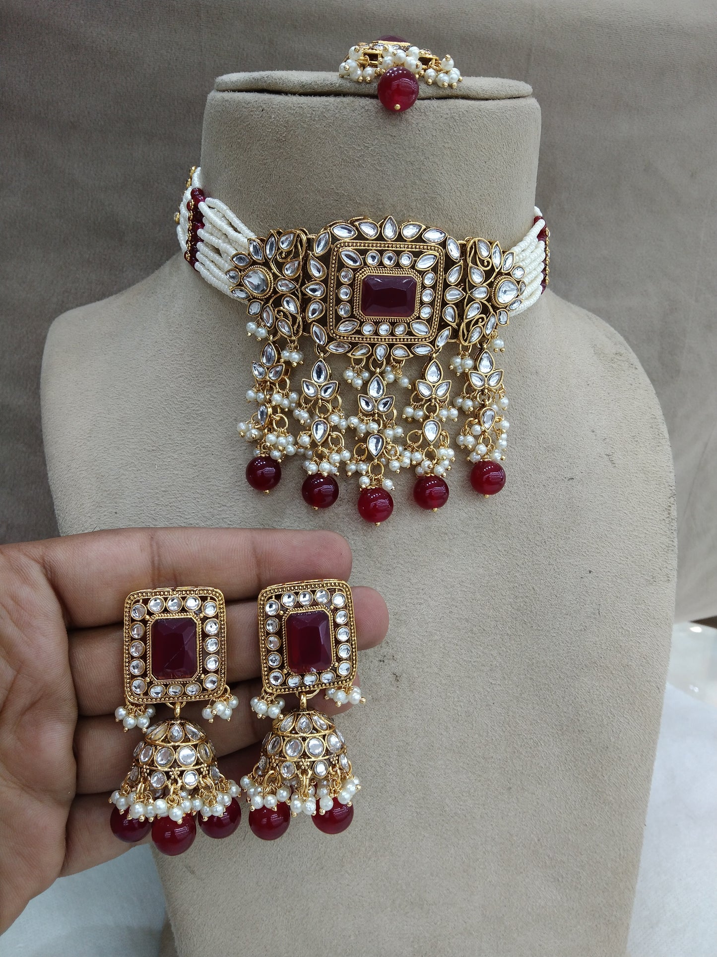 Indian Jewellery gold maroon Kundan choker meadow set