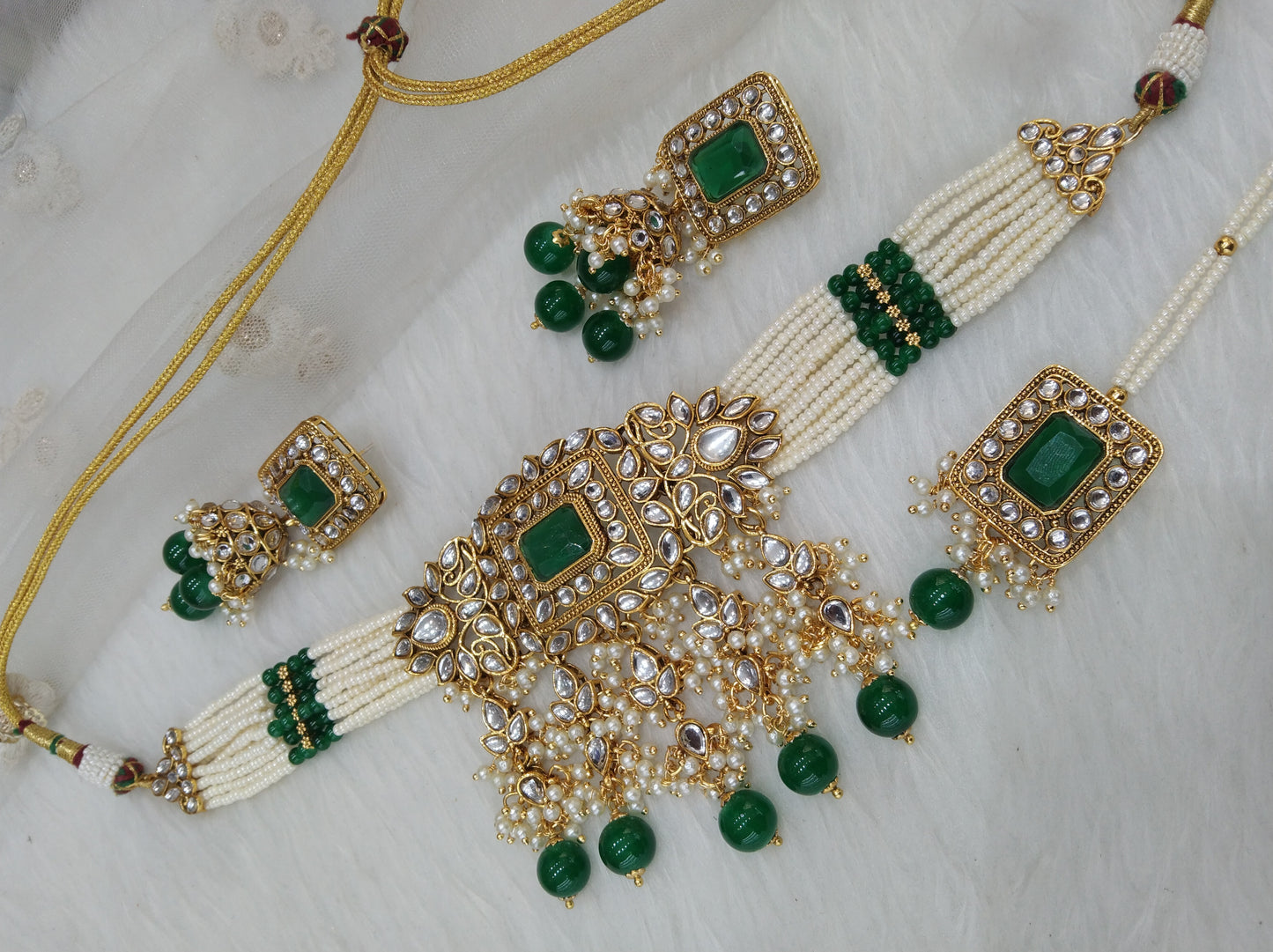 Indian  Jewellery gold green Kundan choker meadow set