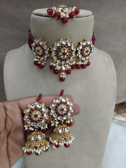 Indian Jewellery Kundan Maroon choker most G-eazy set