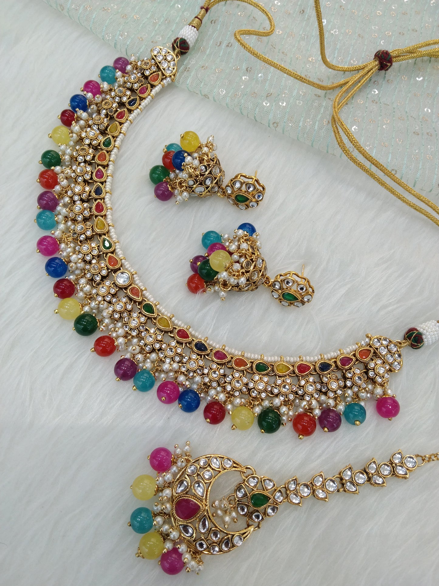 Indian Jewellery/ Gold multicolor Semi Bridal Kundan necklace Set Indian Peggy Wedding  Jewellery