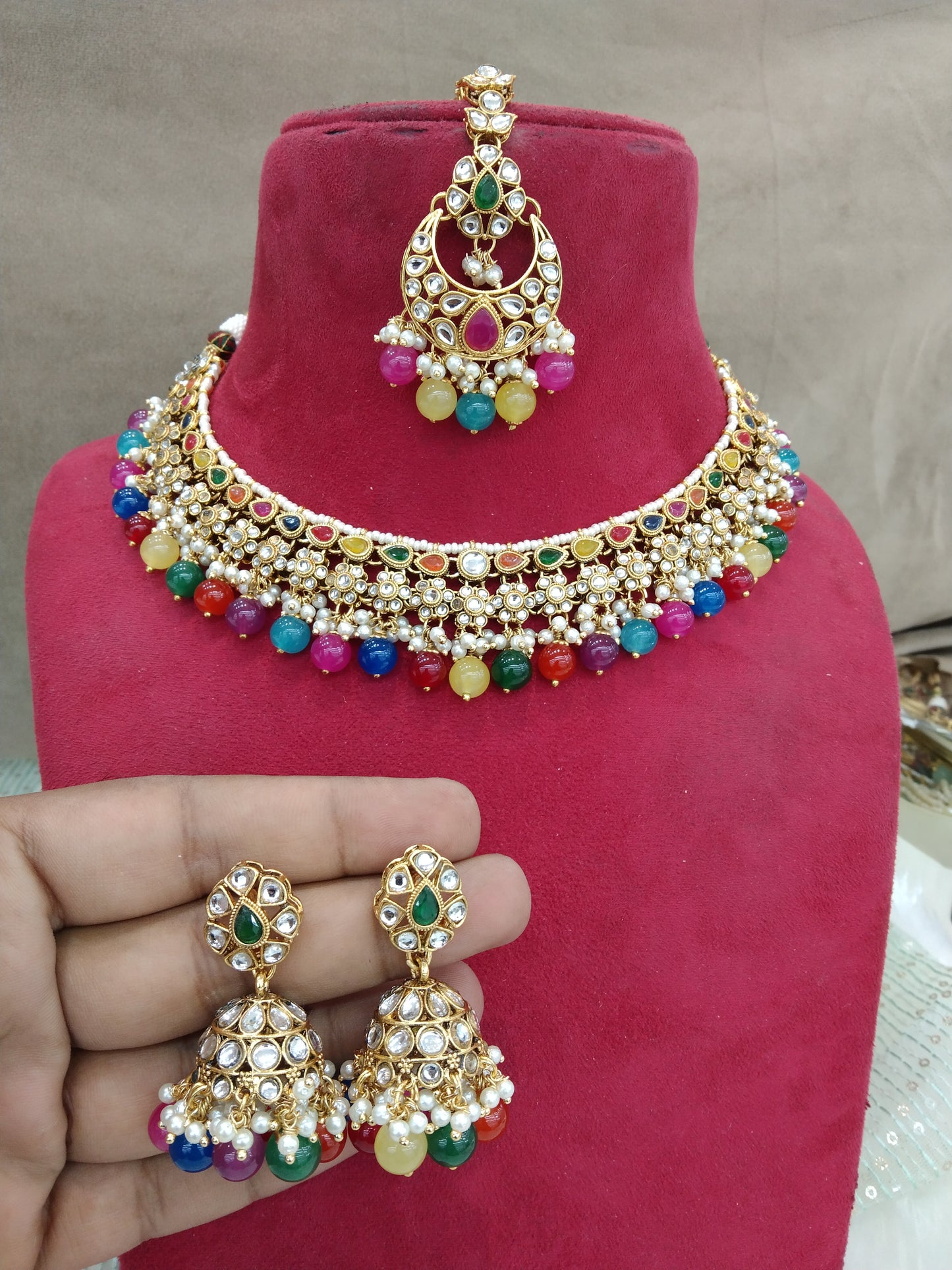 Indian Jewellery/ Gold multicolor Semi Bridal Kundan necklace Set Indian Peggy Wedding  Jewellery