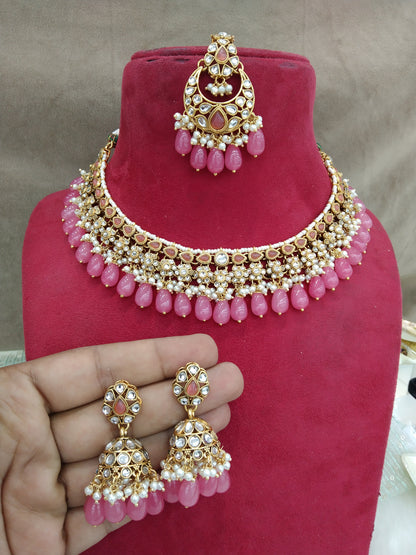 Indian Jewellery/ Gold dark pink Semi Bridal Kundan necklace Set Indian Peggy Wedding  Jewellery