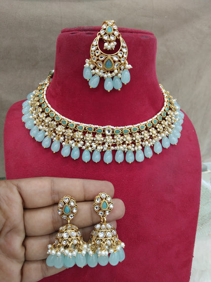 Indian Jewellery/ Gold sea green Semi Bridal Kundan necklace Set Indian Peggy Wedding  Jewellery