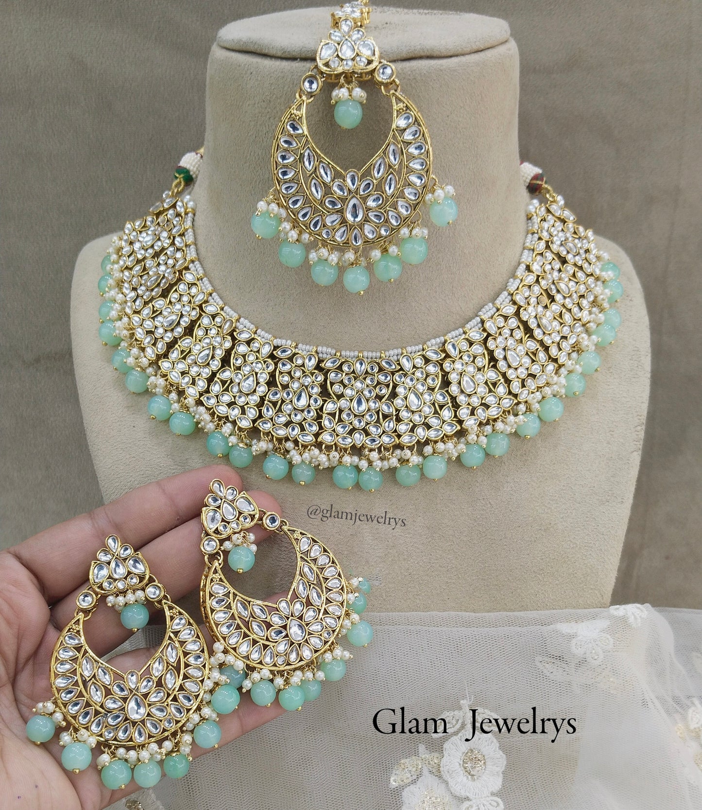 Indian Jewellery/Bridal pastel green Kundan necklace new Set