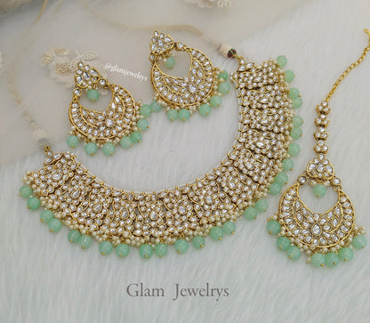 Indian Jewellery/Bridal pastel green Kundan necklace new Set