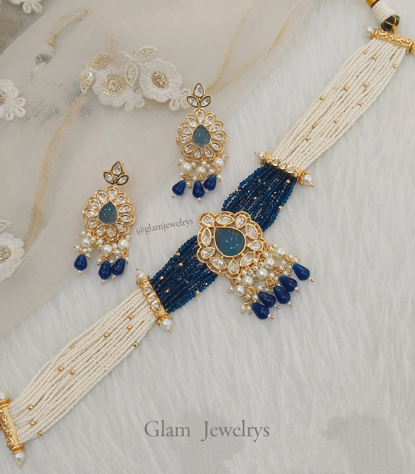 Indian Jewellery/Bridal Gold jadau Kundan choker Set/Gold blue Kundan choker Jewellery nayak choker