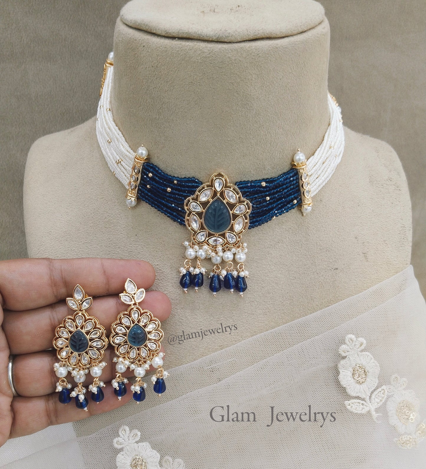 Indian Jewellery/Bridal Gold jadau Kundan choker Set/Gold blue Kundan choker Jewellery nayak choker