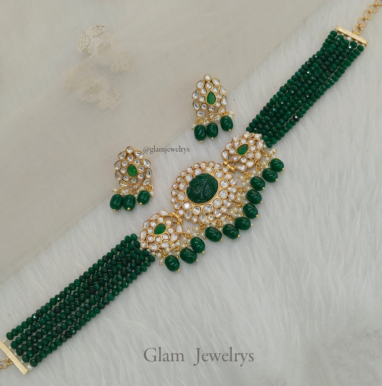 Indian Jewellery/Bridal Gold jadau Kundan green choker Set