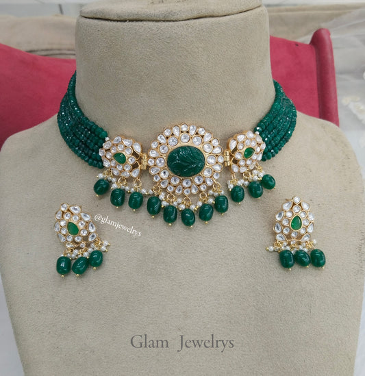 Indian Jewellery/Bridal Gold jadau Kundan green choker Set