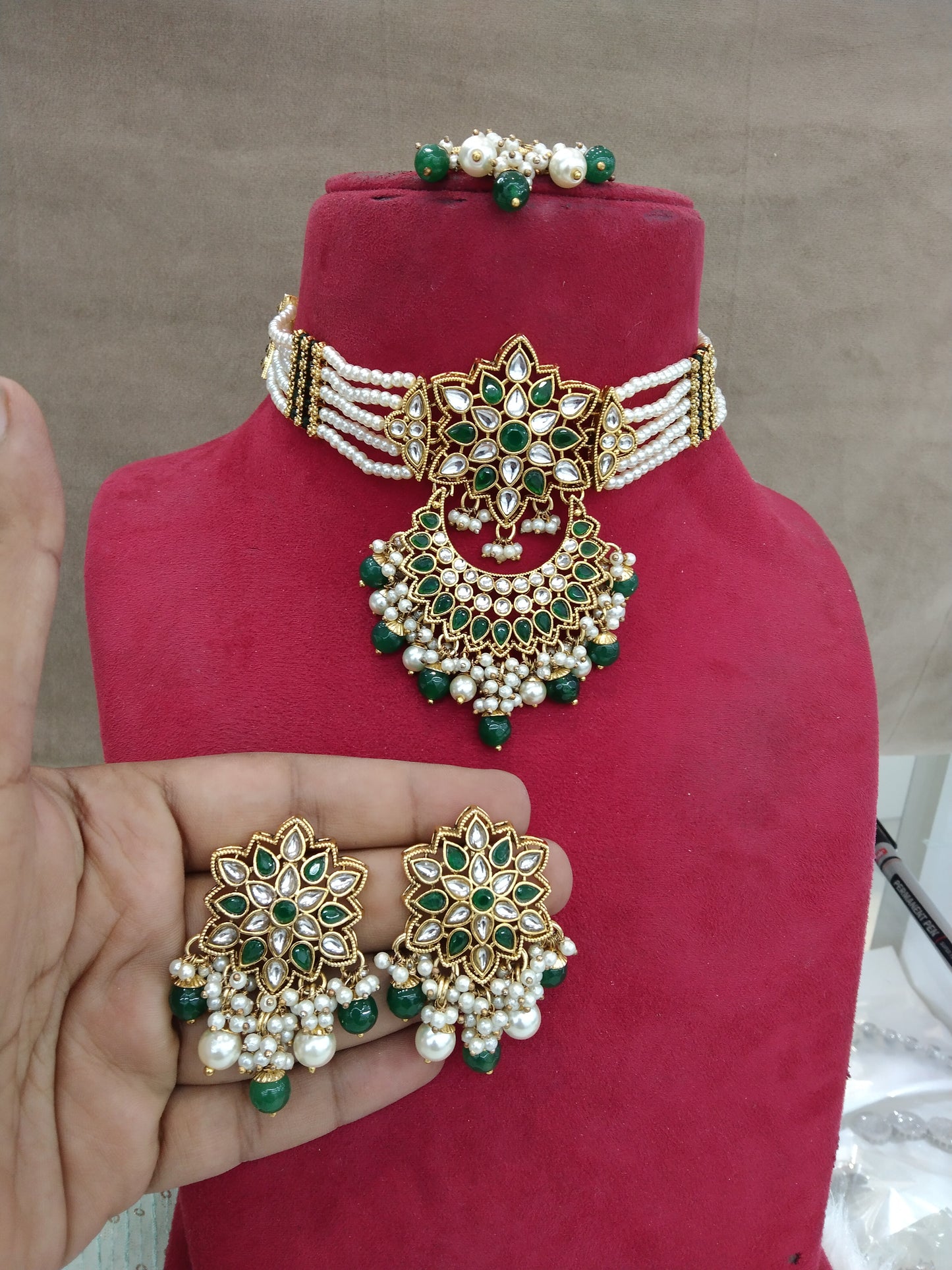 Indian  Jewellery Gold green Kundan phrase Necklace Set