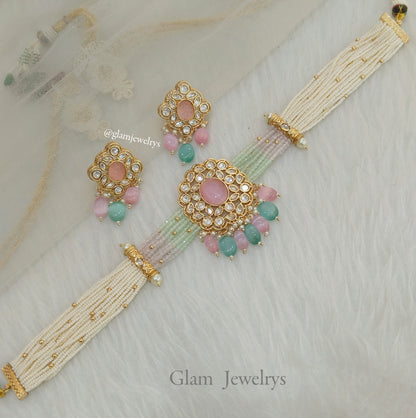 Indian Jewellery/Bridal Gold jadau sea green pink nimy Kundan choker Set/Indian Wedding  Kundan choker Jewellery nimy choker