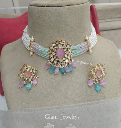 Indian Jewellery/Bridal Gold jadau sea green pink nimy Kundan choker Set/Indian Wedding  Kundan choker Jewellery nimy choker