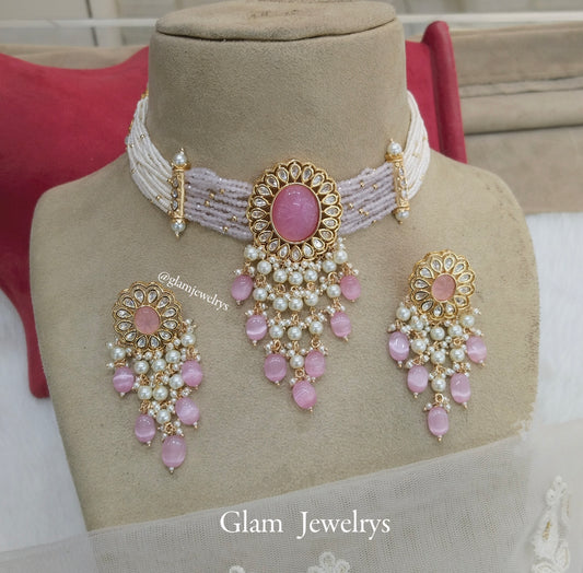 Indian Jewellery/Bridal Gold jadau Kundan pink choker Set