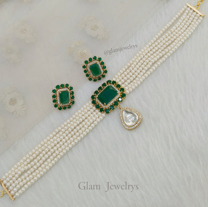 Indian Jewellery/Bridal Gold jadau Kundan green choker nika Set