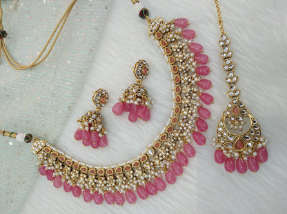 Indian Jewellery/ Gold dark pink Semi Bridal Kundan necklace Set Indian Peggy Wedding  Jewellery