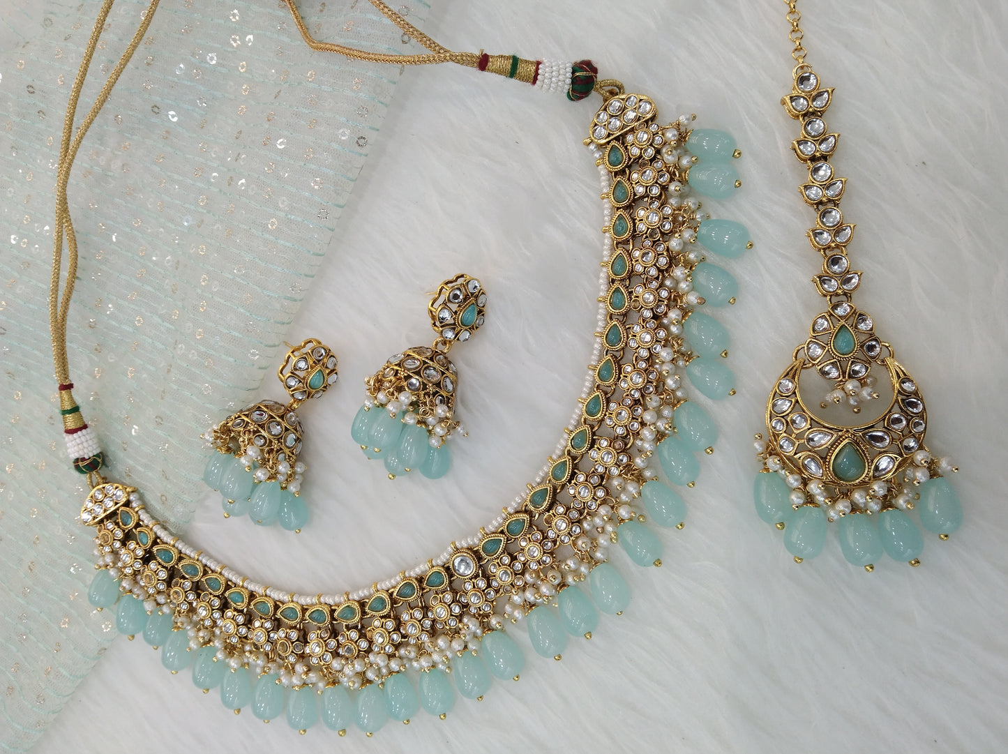 Indian Jewellery/ Gold sea green Semi Bridal Kundan necklace Set Indian Peggy Wedding  Jewellery