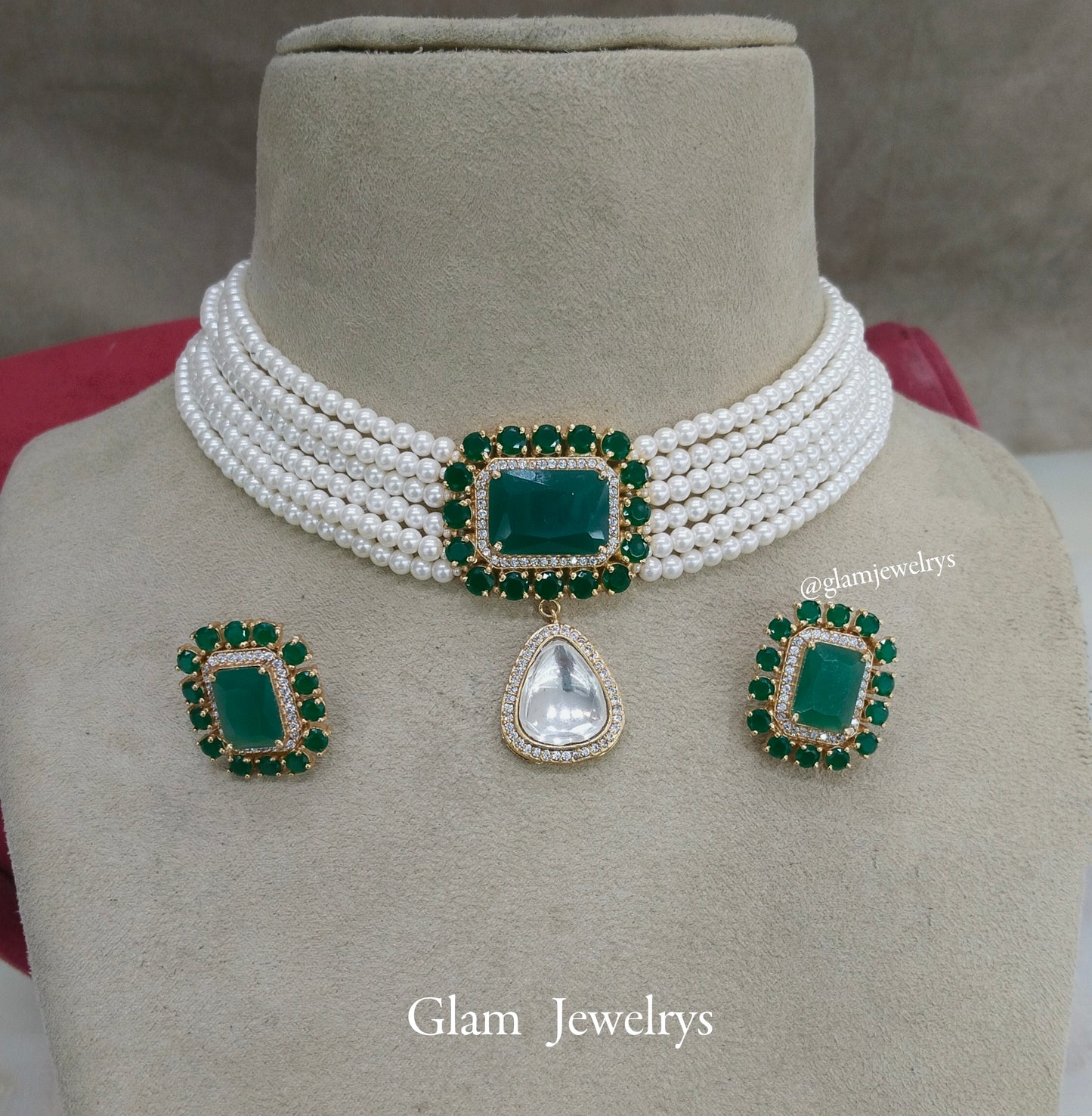 Indian Jewellery/Bridal Gold jadau Kundan green choker nika Set