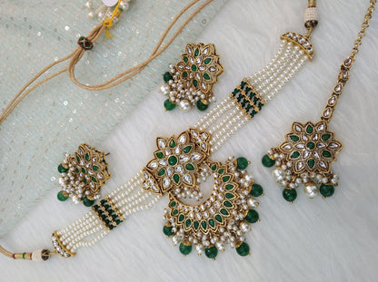 Indian Jewellery Gold green Kundan phrase Necklace Set