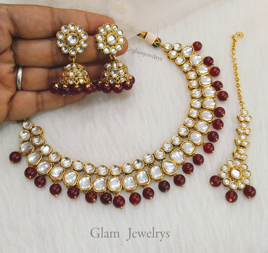 Indian  Jewellery , Kundan maroon necklace Set Indian Wedding Semi Bridal Necklace origins set