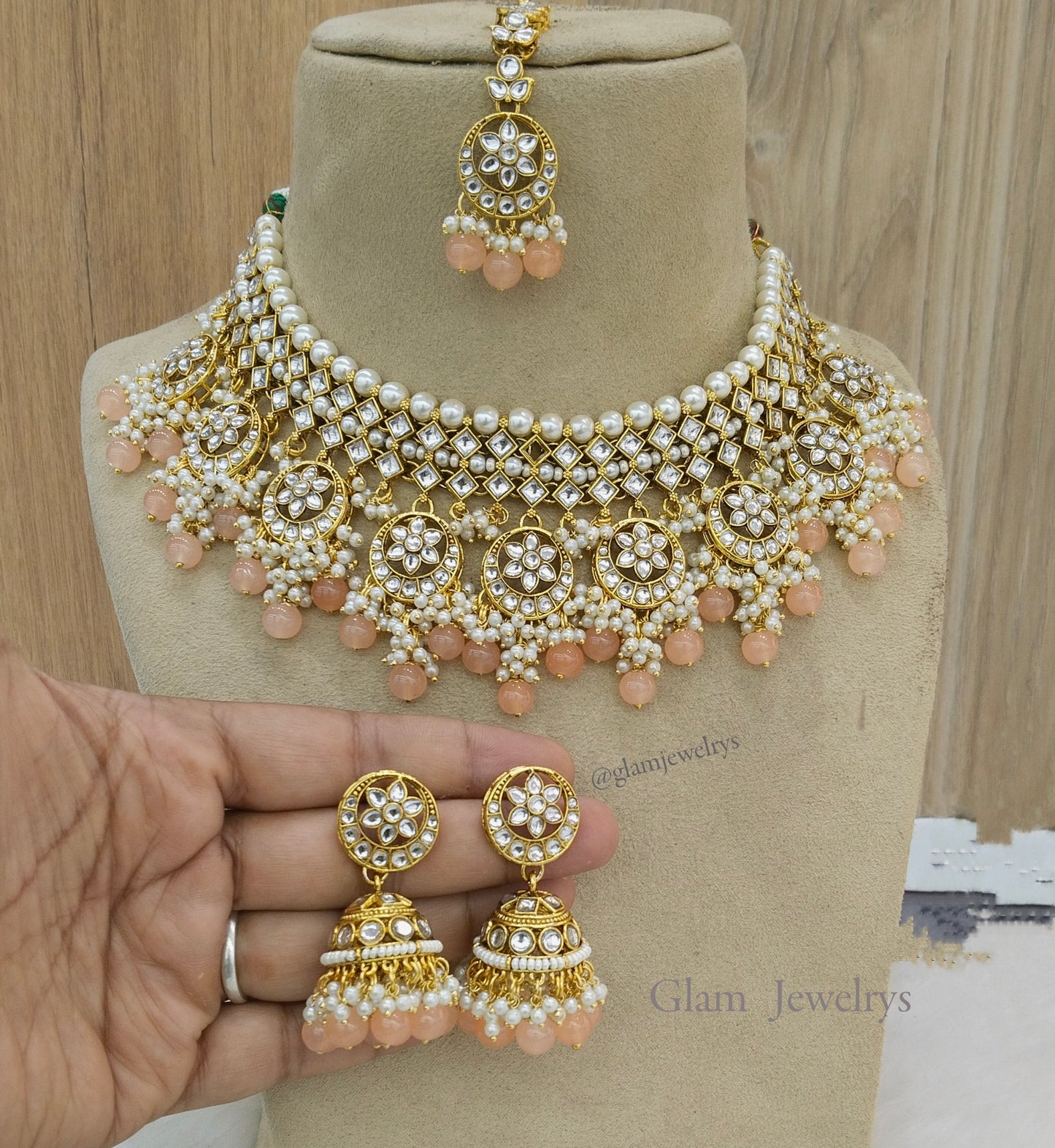Indian  Jewellery , peach Kundan Necklace Set Indian Wedding Semi Bridal Ethnic Bridal paramus Necklace