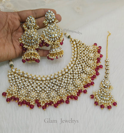 Indian Jewellery/Bridal Gold maroon Kundan necklace Set/Indian Wedding Kundan Paul Necklace set