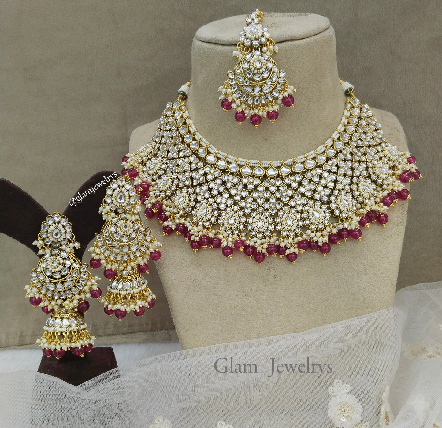 Indian Jewellery/Bridal Gold maroon Kundan necklace Set/Indian Wedding Kundan Paul Necklace set