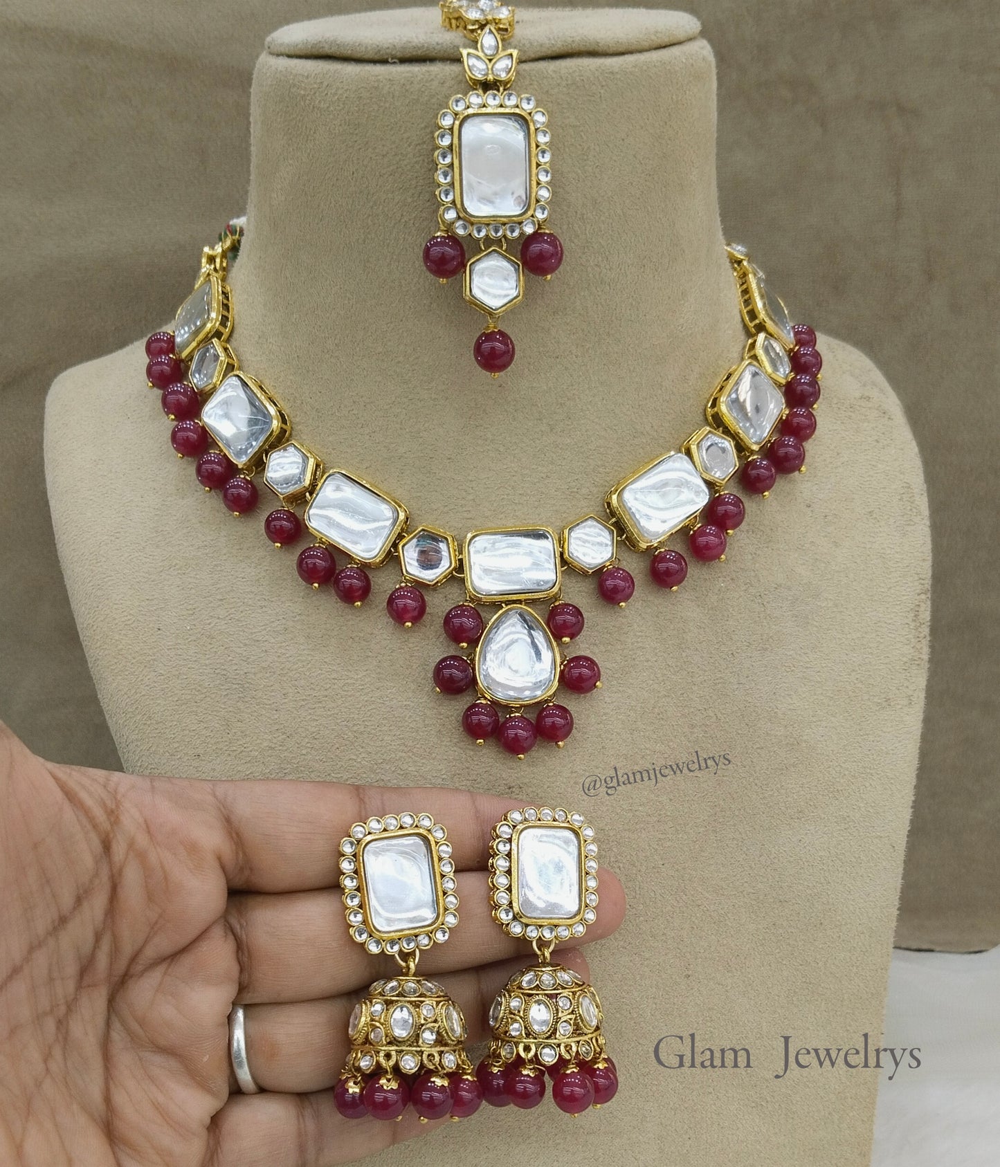 Indian Jewellery Kundan Necklace Set/Gold maroon Bollywood Wedding Necklace Jewellery Set