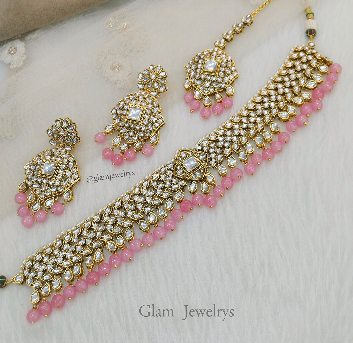 kundan Choker Set Necklace Earrings Set/Gold pink party choker set Indian Jewellery