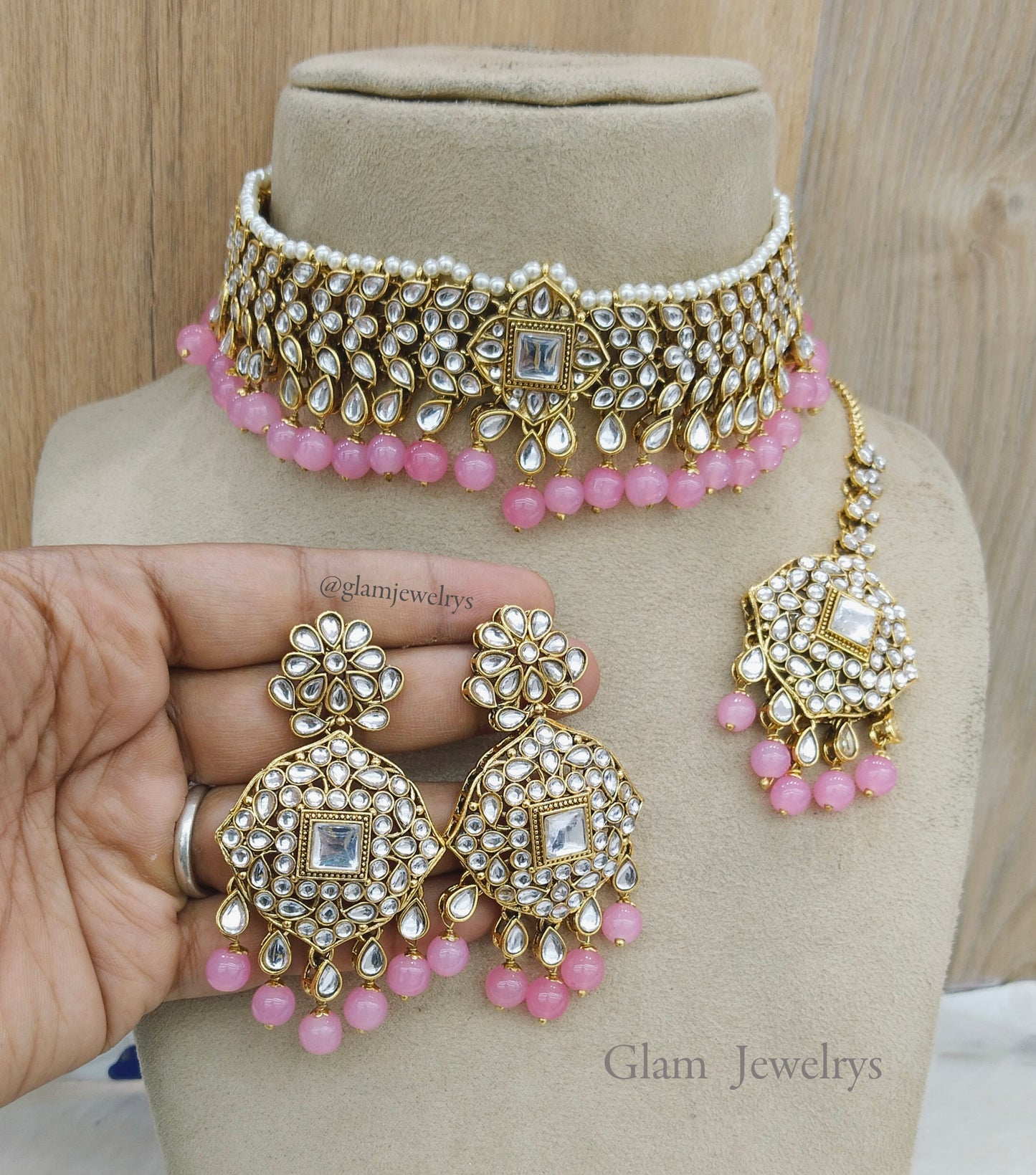 kundan Choker Set Necklace Earrings Set/Gold pink party choker set Indian Jewellery