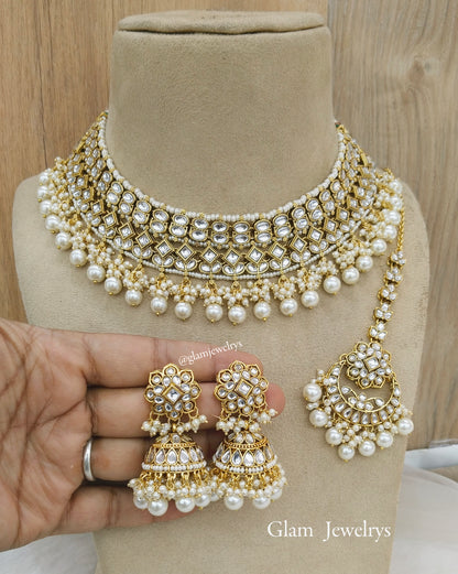 Ivory Indian  Jewellery ,Gold white Kundan necklace Set Indian Wedding Necklace reynolds set