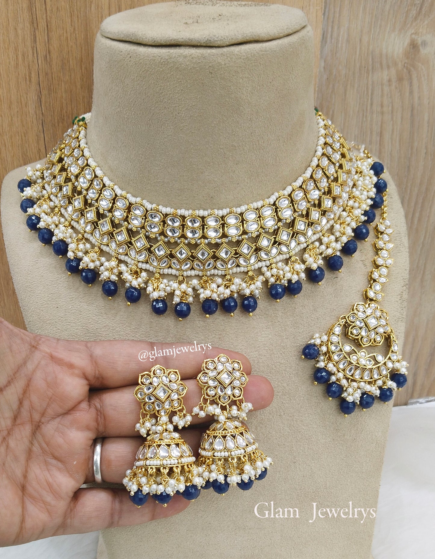 Indian  Jewellery ,Gold blue Kundan necklace Set Indian Wedding Necklace reynolds set