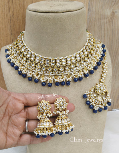 Indian  Jewellery ,Gold blue Kundan necklace Set Indian Wedding Necklace reynolds set