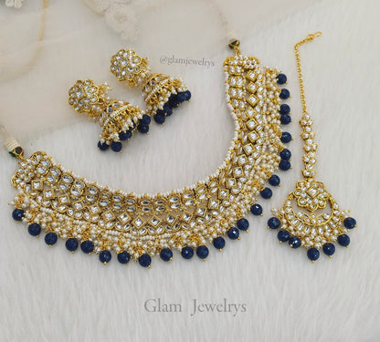 Indian  Jewellery ,Gold blue Kundan necklace Set Indian Wedding Necklace reynolds set