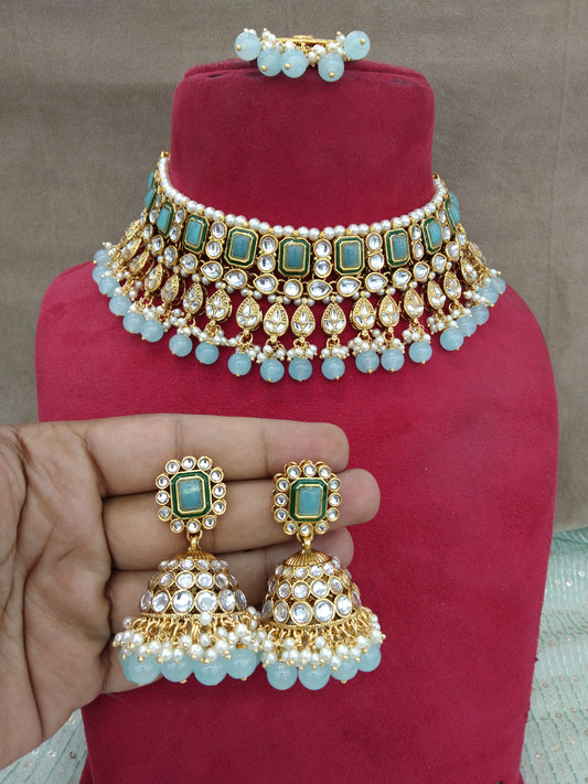 kundan Choker Set Earrings Set/Gold seagreen choker set Indian Jewellery choker sherbrooke Set