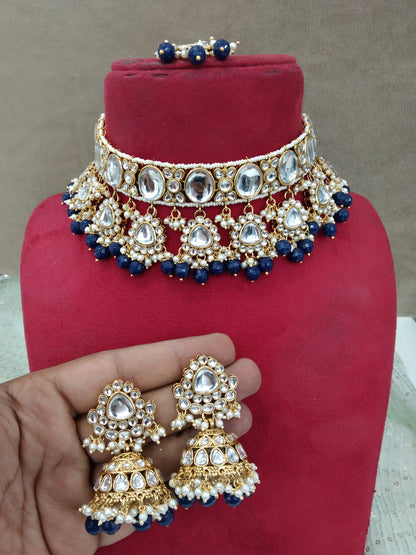 Indian jewellery Gold finish blue kundan Choker Set Earrings Set/Gold Indian Teho Jewellery Necklace Set