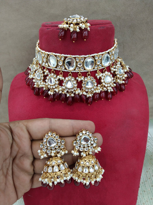 Indian jewellery Gold finish maroon kundan  Choker Set Earrings Set/Gold Indian Teho Jewellery