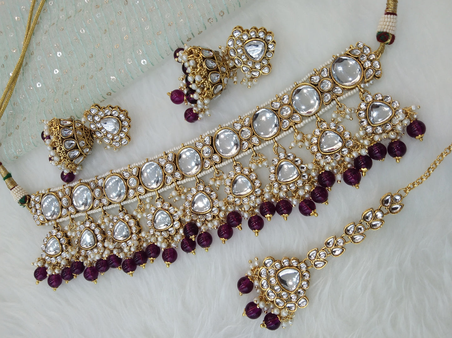 Indian jewellery Gold finish Purple  kundan  Choker Set Earrings Set/Gold Indian Teho Jewellery