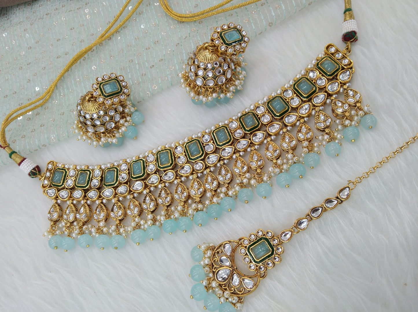 kundan Choker Set Earrings Set/Gold seagreen choker set Indian Jewellery choker sherbrooke Set